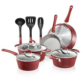 Kitchenware Pots & Pans - Stylish Kitchen Cookware Set With Elegant Lines Pattern, Gray Inside & Red Outside, Non-Stick, Metal + Silicone Handle (11-Piece Set)