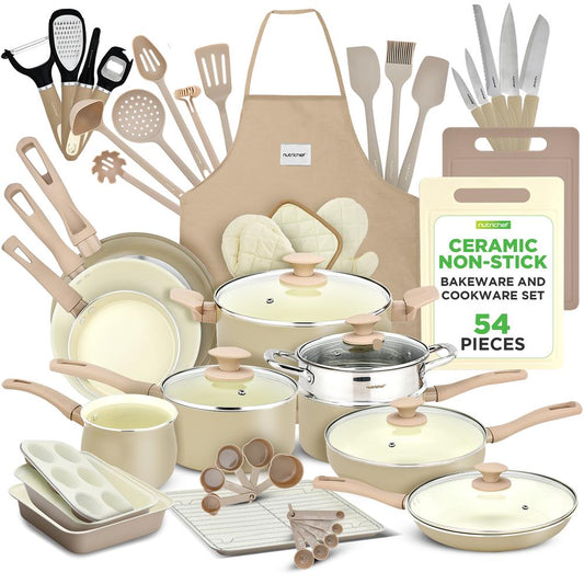 54 Pcs. Home Kitchen Cookware, Kitchen Tools, And Bakeware Set - High-Quality Ceramic Kitchenware Pots And Pans (Taupe Brown)