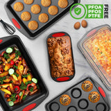 Kitchen Oven Baking Pans - Deluxe Nonstick Black Coating Inside & Outside Carbon Steel Bakeware Set With Red Silicone Handles (6-Pieces)