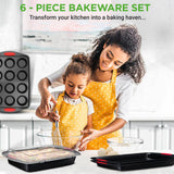 Kitchen Oven Baking Pans - Deluxe Nonstick Black Coating Inside & Outside Carbon Steel Bakeware Set With Red Silicone Handles (6-Pieces)