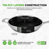 12'' Durable Wok With Side Handle - Triply Stainless Steel Cookware, Dakin Etching Non-Stick Coating Inside And Outside