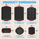 Kitchen Oven Baking Pans - Deluxe Nonstick Gray Coating Inside & Outside Carbon Steel Bakeware Set With Red Silicone Handles (6-Pieces)