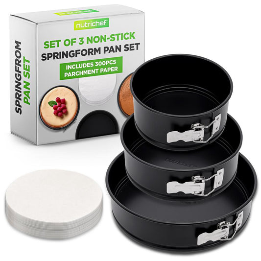 3-Piece Leak Proof Springform Pan Set- With Stainless Steel Lock And 300 Pieces Parchment Paper (Black)