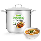 Stainless Steel Cookware Stockpot - 12 Quart, Heavy Duty Induction Pot, Soup Pot With Lid