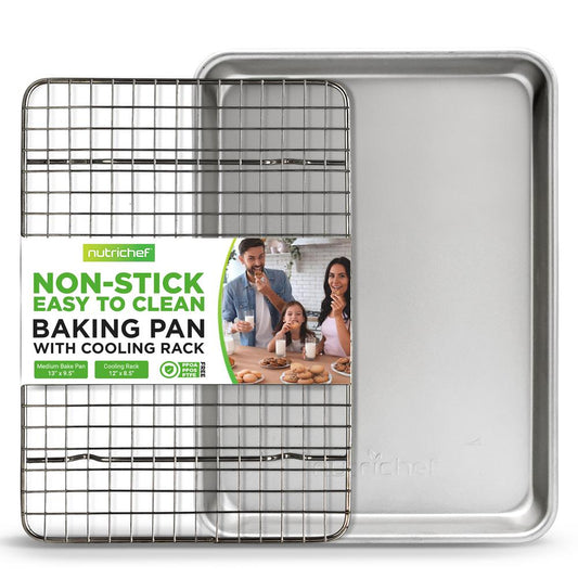 Nonstick Cookie Sheet Baking Pan With Cooling Rack - Professional Quality Kitchen Cooking Non-Stick Bake Trays With Silver Coating Inside & Outside (Medium Size)