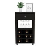 Memphis Bar Cart with Twelve Built-In Wine Rack Cubbies, Smooth-Glide Storage Drawer, Open Display Space and Mobile Caster Wheels for Organized Home Entertaining, Wine Storage and Modern Beverage Service Convenience