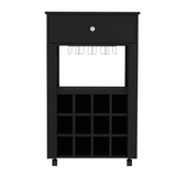 Memphis Bar Cart with Twelve Built-In Wine Rack Cubbies, Smooth-Glide Storage Drawer, Open Display Space and Mobile Caster Wheels for Organized Home Entertaining, Wine Storage and Modern Beverage Service Convenience