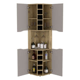 TUHOME Obregon Corner Bar Cabinet with Ten Built-In Wine Rack, Single Door Storage, Cup Rack and Vertical Shelving for Home Bar Organization and Modern Room Enhancement in Compact Corner Spaces