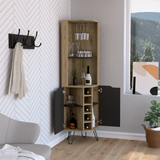 Tuhome Audra Corner Bar Cabinet with Six Built-In Wine Rack Compartments, Two Open Display Shelves, Four Interior Shelves Behind Door and Cup Rack, Space-Saving Home Bar Storage for Modern Entertaining Spaces