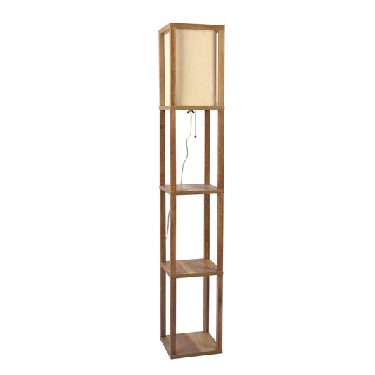 Pinnacle Shelf Floor Lamp For Bedroom/Living Room, Natural Wood with Long Shade