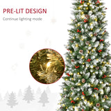 HOMCOM 7.5ft Pre-Lit Snow-Dipped Artificial Christmas Tree with Realistic Branches, 350 LED Lights, Pine Cones, Red Berries and 1075 Tips