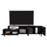 Athol 69" Wide Modern Two-Tier TV Stand Black with Pull-Down Door Cabinet, Double-Door Storage, Two Open Shelves & Cable Management for Living Room Entertainment and Home Media Organization