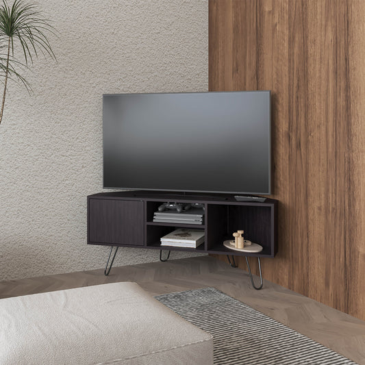 Lancaster Corner Entertainment Console Media Center Designed to Fit Neatly into Room Corners Featuring Ample Storage with Two Open Shelves and Two Concealed Side Cabinets Sleek Modern Look