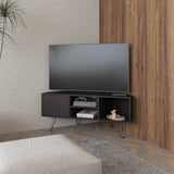Lancaster Corner Entertainment Console Media Center Designed to Fit Neatly into Room Corners Featuring Ample Storage with Two Open Shelves and Two Concealed Side Cabinets Sleek Modern Look