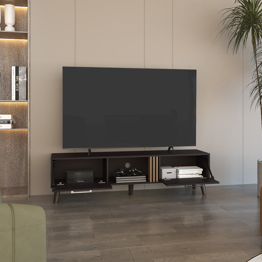 TUHOME Vance 63" Wide TV Stand with Two Pull-Down Cabinets, Open Shelves, Cable Management System, Modern Entertainment Console for Living Room, TV Room, Media Storage and Home Organization