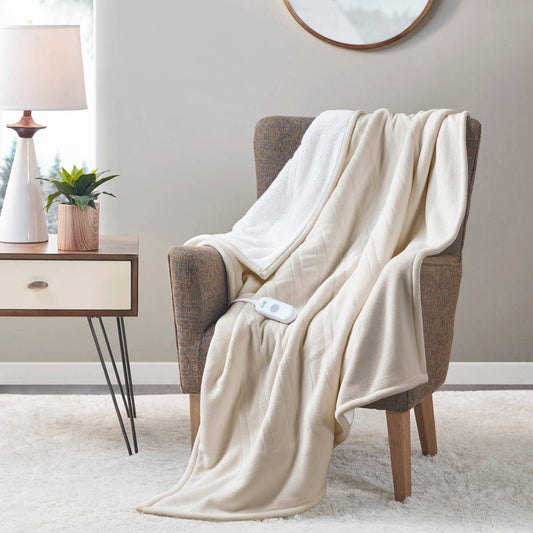 Heated 50x60" Fleece Sherpa Electric Throw Blanket, Ivory