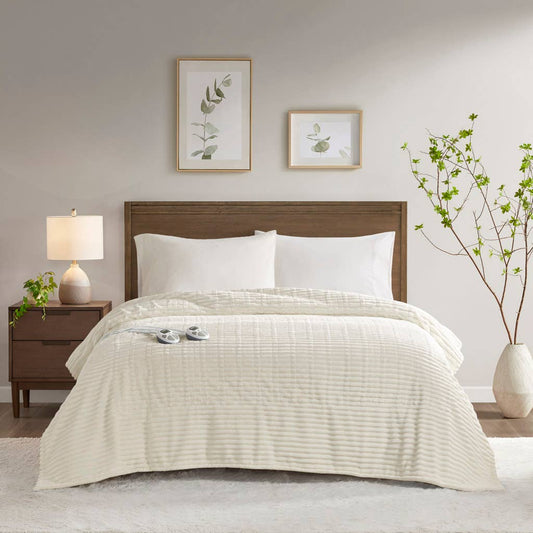 Soft Warm Corded Electric Plush Heated Blanket, Ivory