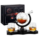 Rotating Whiskey Decanter Globe Set with 2 10OZ Etched Whiskey Glasses