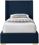 Royce Mid Century Modern Bed with Wingback Headboard and Stylish Gold & Chrome Legs for Elegance