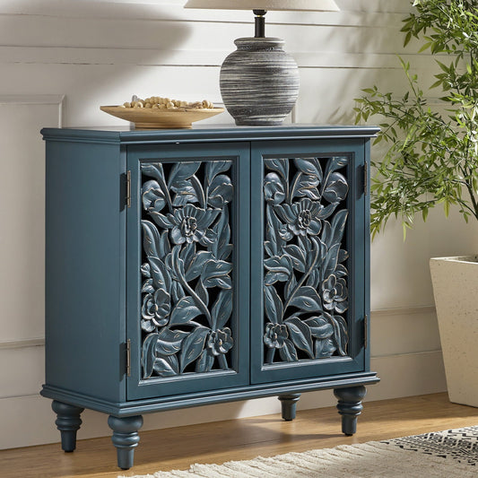 32" Tall 2 Door Blue Accent Cabinet with Built-in LED Light