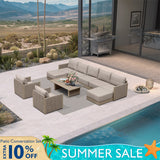 PURPLE LEAF Sanori Beige Symmetrical Outdoor Sectional Modular Design with Cushions and Ottoman for Porch