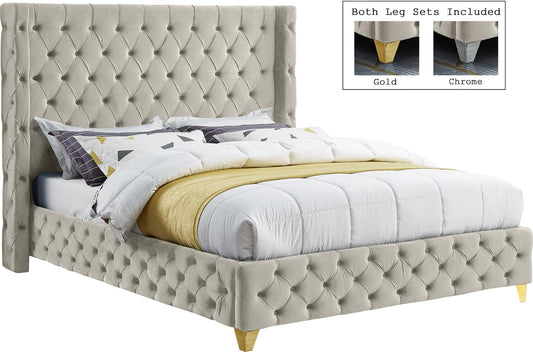 Savan Velvet Bed with Deep Button Tufting and Customizable Gold or Chrome Legs for Luxury Style
