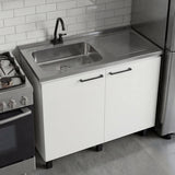 Napoles Utility Sink with Faucet Inclued and Integrated Steel Counter top, Freestanding cabinet with two doors, Metal Handles and Two interior shelves.