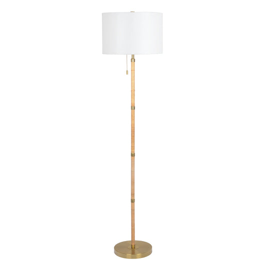 Stellar Wood Rattan Tube - Gold Brass Metal and White Linen Shade Floor Lamp