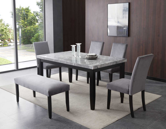 Napoli 6-Piece 64-inch Gray Marble Dining Set (Table, Bench & 4 Side Chairs)