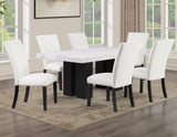 Artemis 5 Piece 70″ Rect White Marble Table, Black Finish w/4 Black Vegan Leather Chairs