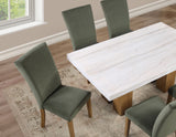 Artemis 70″ Rect White Marble Table, Tan Finish w/4 Green Velvet Chairs