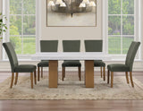 Artemis 70″ Rect White Marble Table, Tan Finish w/4 Green Velvet Chairs