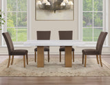 Artemis 70″ Rect White Marble Table, Tan Finish w/4 Green Velvet Chairs