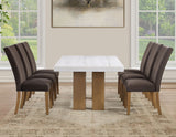 Artemis 70″ Rect White Marble Table, Tan Finish with 4 Brown Velvet Chairs