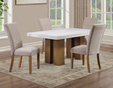 Artemis 5 Piece 70″ Rect White Marble Table, Tan Finish w/4 Beige Chenille Chairs