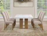 Artemis 5 Piece 70″ Rect White Marble Table, Tan Finish w/4 Beige Chenille Chairs