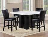 Artemis 5-piece 54″ Square White Marble Counter Table with 4 Black Vegan Leather Counter Chairs