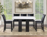 Artemis 5-piece 54″ Square White Marble Counter Table with 4 Black Vegan Leather Counter Chairs