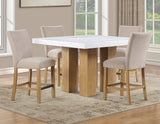 Artemis 5 Piece 54″ Square White Marble Counter Table, Tan Finish w/4 Beige Chenille Counter Chairs