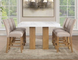 Artemis 5 Piece 54″ Square White Marble Counter Table, Tan Finish w/4 Beige Chenille Counter Chairs
