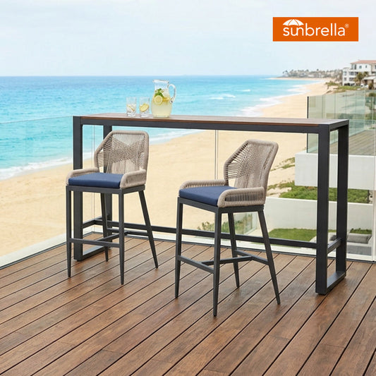 PURPLE LEAF Patio Sunbrella Bar Stools Set of 2 Rattan Bar Aluminum Bar Stool Outdoor Barstools with Back and Cushion for Garden Kitchen Island