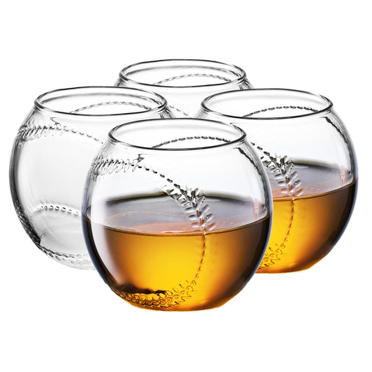 Baseball Round Whiskey Glasses | 10oz Whiskey Glass Set of 4