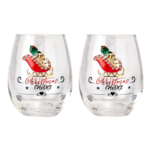 Crystal Christmas Santa's Sleigh Wine & Water Glasses - Set of 2, 17.5oz