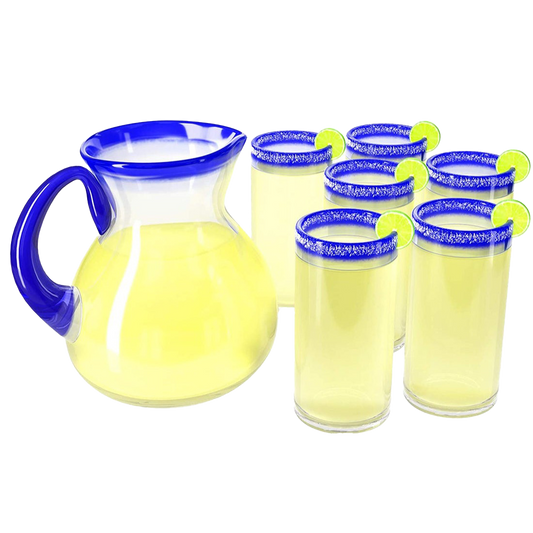 Hand Blown Blue Mexican Drinking Glasses and Pitcher – Set of 6