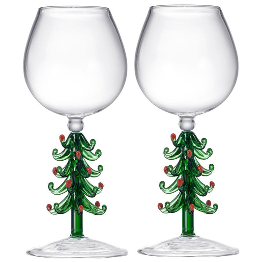 Crystal Green Christmas Tree Wine Glasses - Set of 2, 10oz