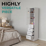 Tuhome Vanguard Linen Cabinet with Three Open Shelves, Four Spacious Drawers, Glass-Door Enclosed Storage, Modern Bathroom Organizer for Towels, Toiletries, Linens, and Everyday Essentials