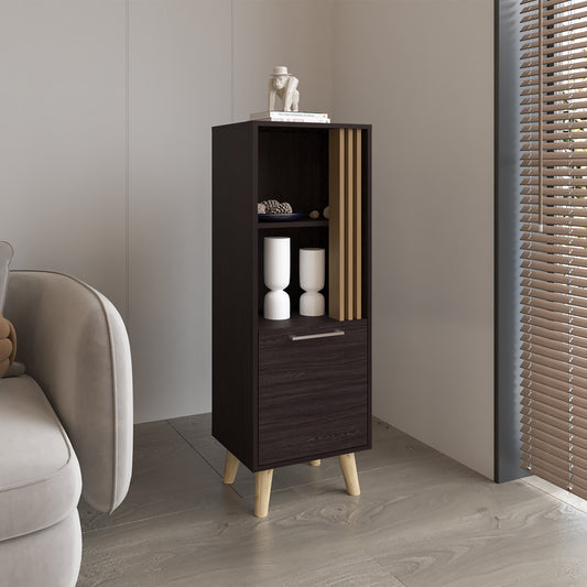 TUHOME Vance 47" High One-Door Storage Cabinet with Two Open Shelves, Modern Vertical Organizer for Living Room, Dining Room, Office, Bedroom, Compact Freestanding Cabinet with Wooden Legs