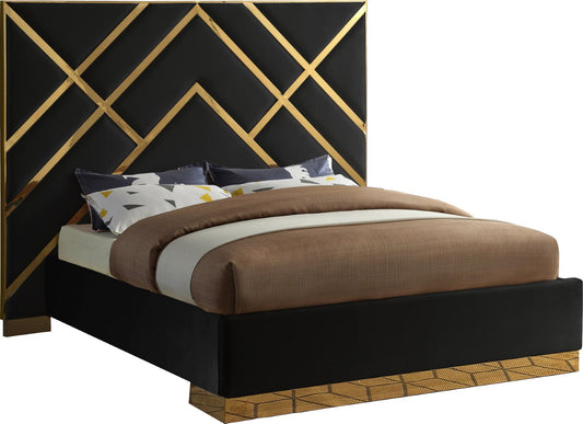 Vector Contemporary Bed with Polished Gold Metal Design and Plush Velvet Upholstery for Modern Elegance