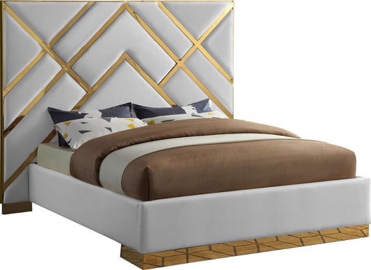 Vector Contemporary Velvet Bed with Polished Gold Metal Design - Luxe Supportive Platform Style