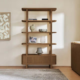 Modern Fluted Wood Bookshelf with Cabinet Storage
